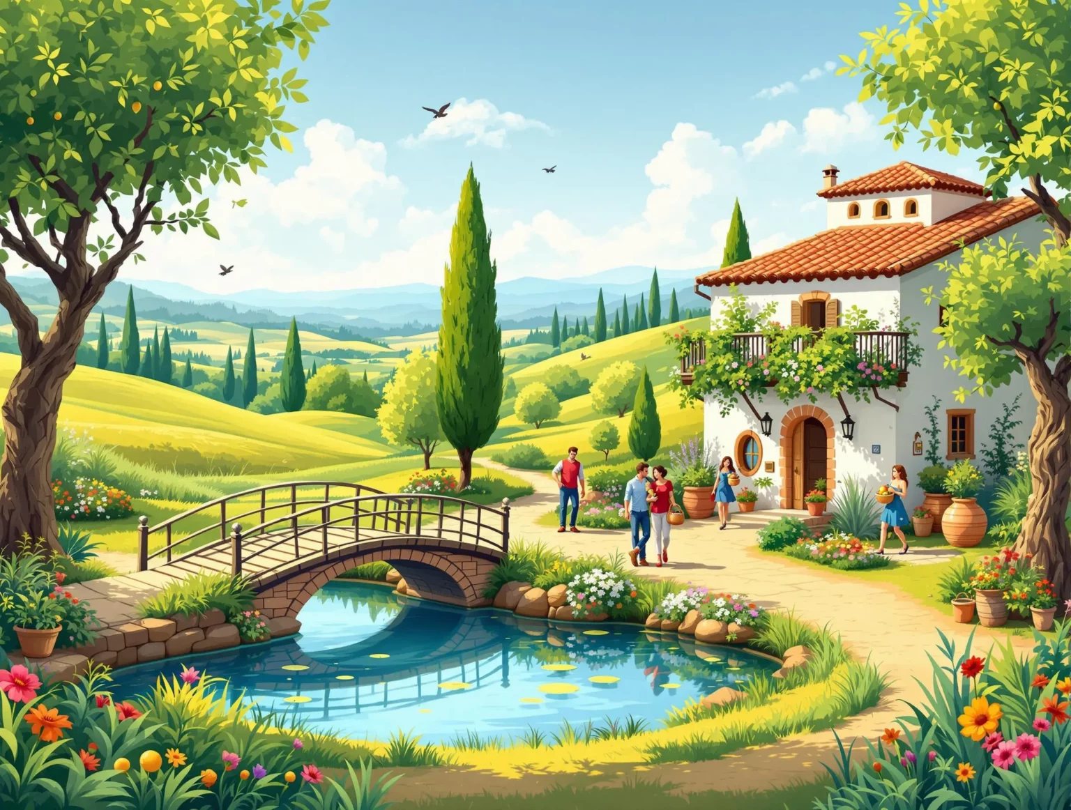 illustration d'une maison de campagne avec un jardin fleuri